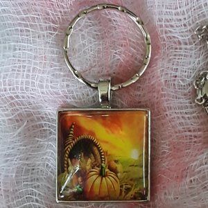 Pumpkin Harvest Cabochon Key Ring With Necklace Chain Halloween Thanksgiving